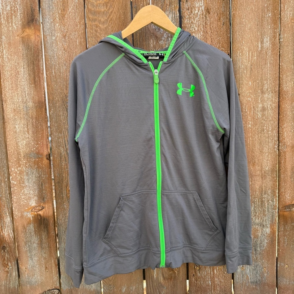 Under Armour Boys Gray Neon Green Full Zip Lightweight Sweatshirt Loose Size XL - Picture 9 of 9